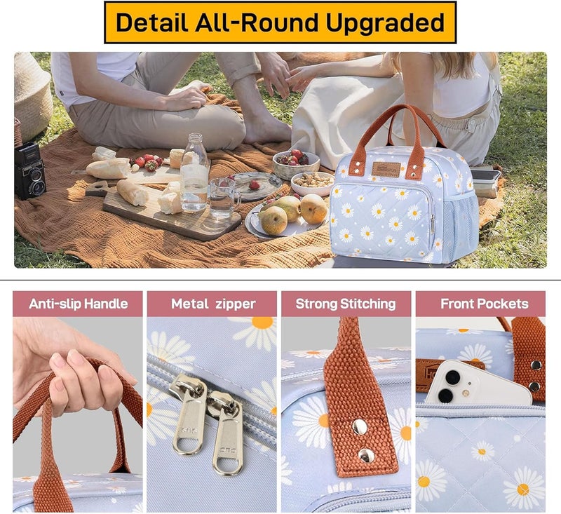 Buringer HOMESPON Lunch Bag for Woman Man Adults with Front Pocket Insulated Lunch Tote Lunch Box Container for Work Picnic or Travel（Blue Daisy） - Image 4